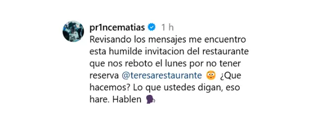 Teresa Restaurante invita formalmente a Santiago Matías